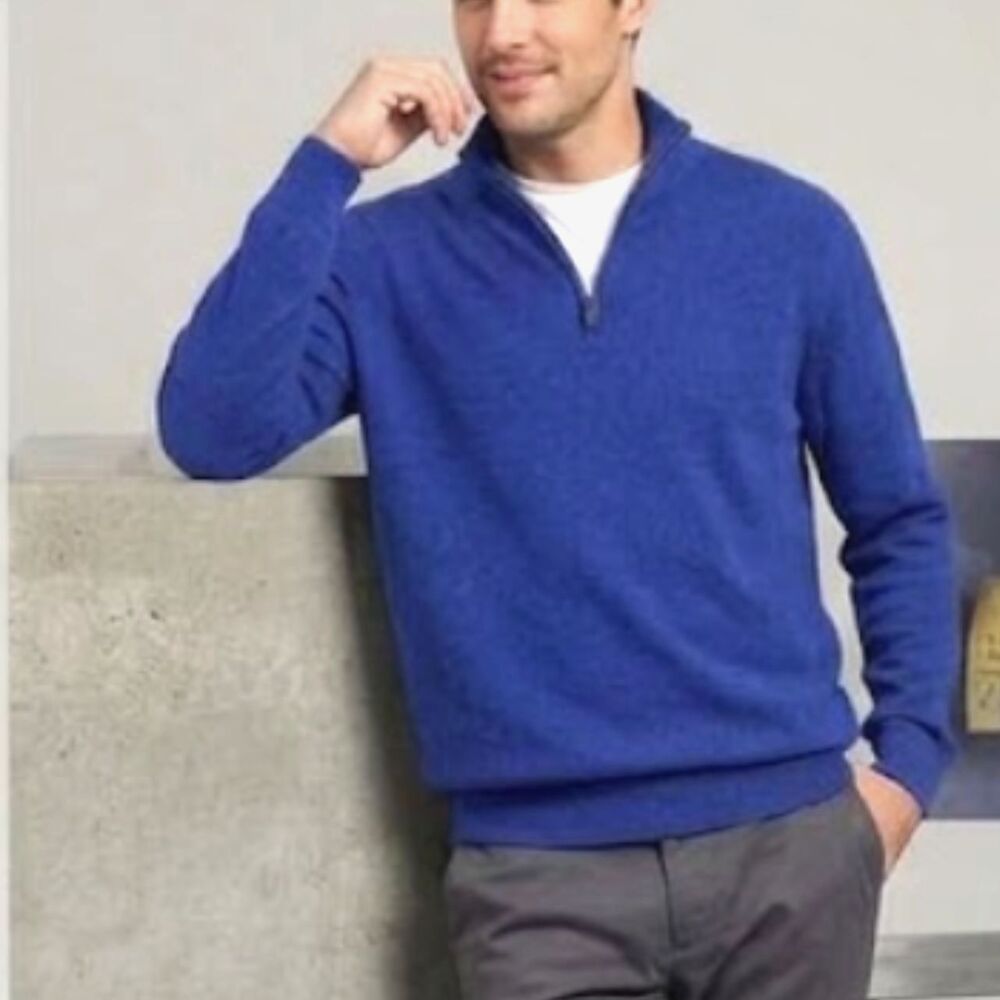 Alan Flusser Cashmere Cotton 1/4 Zip Sweater Mens XL Blue Academia Office Preppy
